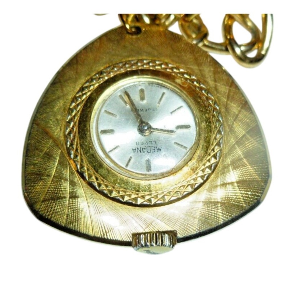 Vtg Medana Lever 17 Jewels Gold Tone Triangular Shield Pendant Watch Necklace